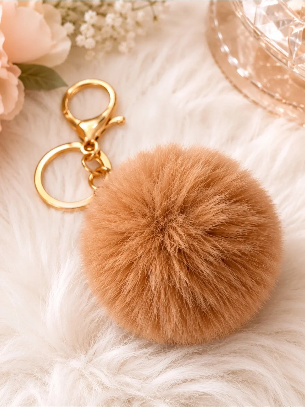 2-Piece Faux Fur Pom Pom & Rhinestone Heart Keychain Bag Charm Set